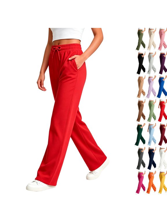 Women High Waist Straight Sweatpants Casual Drawstring Waist Plain Knit Pants Relaxed Fit Everyday Lounge Wide Leg Bottoms Red 3XL