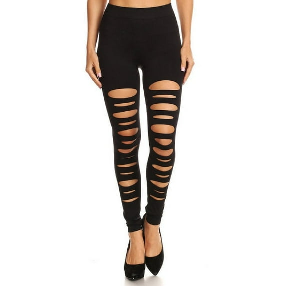 Women High Waist Strechy Leggings Full Length Cut Out Tights Seamless Pants, Black,Slit