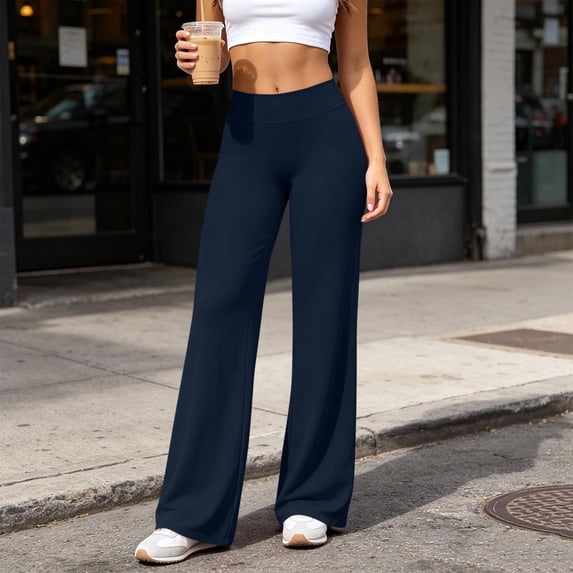 Women High Waist Stretch Flare Yoga Leggings Soft Lightweight Loose Fitting Workout Running Casual Athletic Pants with Pockets Navy S