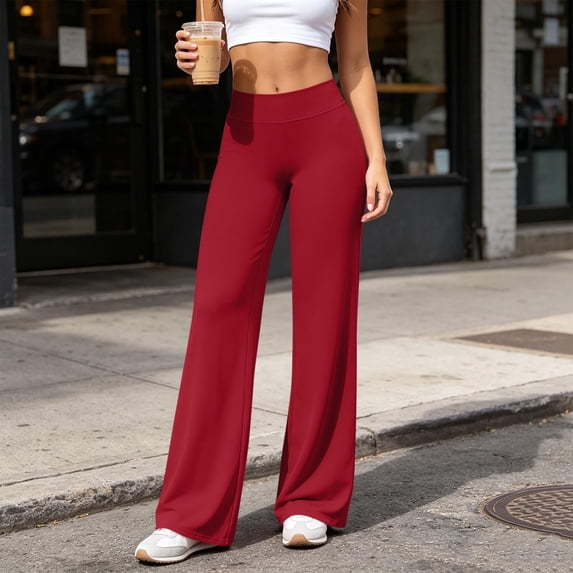 Women High Waist Stretch Flare Yoga Leggings Soft Lightweight Loose Fitting Workout Running Casual Athletic Pants with Pockets Red XXL
