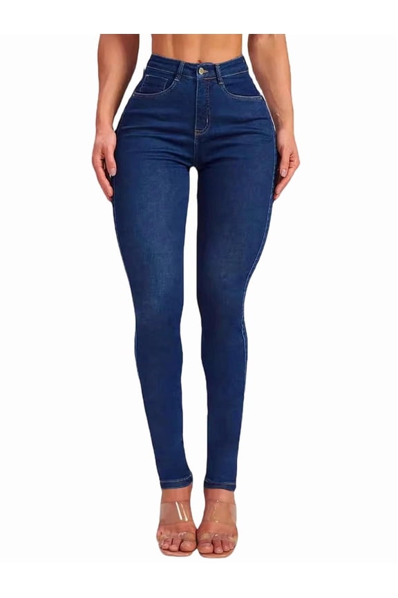 Women High Waist, Stretchy Jeans Slim Fit Leg Pull on Jean with Pockets, Soft Breathable Cotton Blend Dark Blue XL