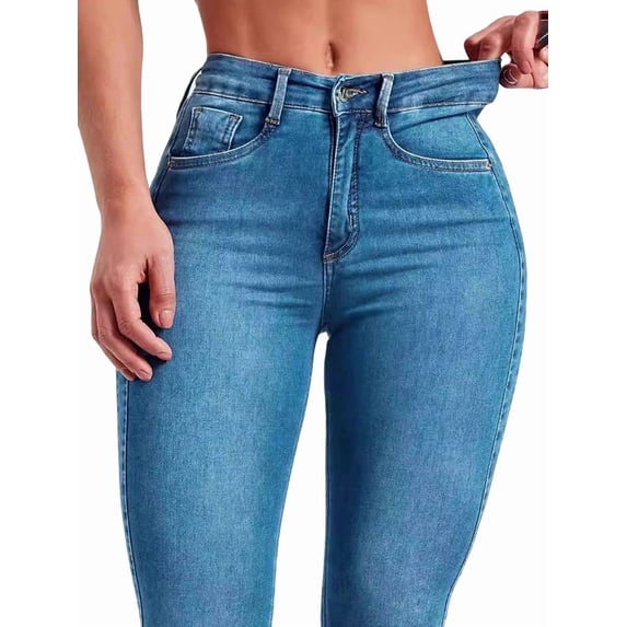 Women High Waist, Stretchy Jeans Slim Fit Leg Pull on Jean with Pockets, Soft Breathable Cotton Blend Denim Blue XXL