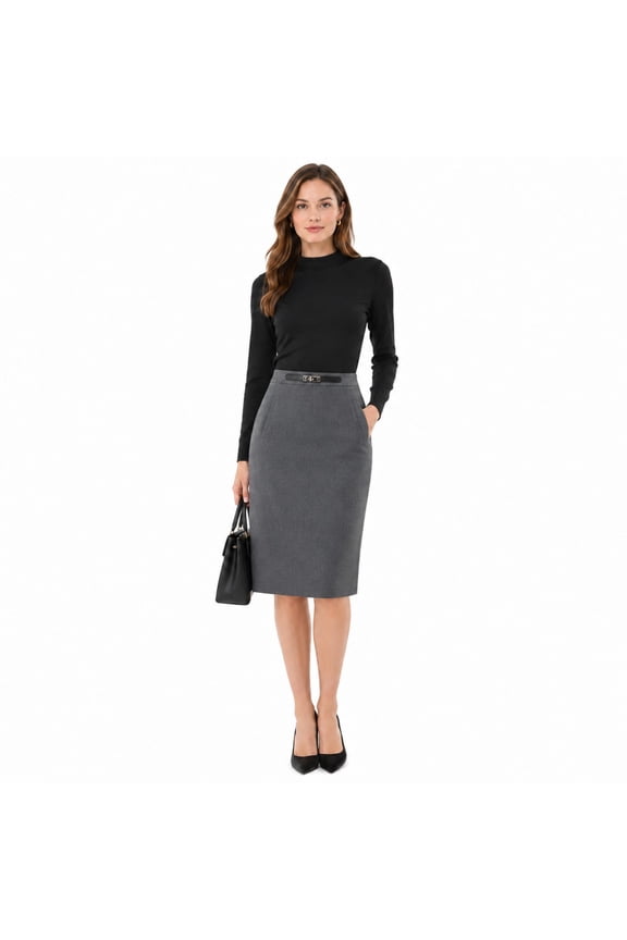 Women High Waist Suit Skirt, Split Straight Knee Length Office Midi Skirt