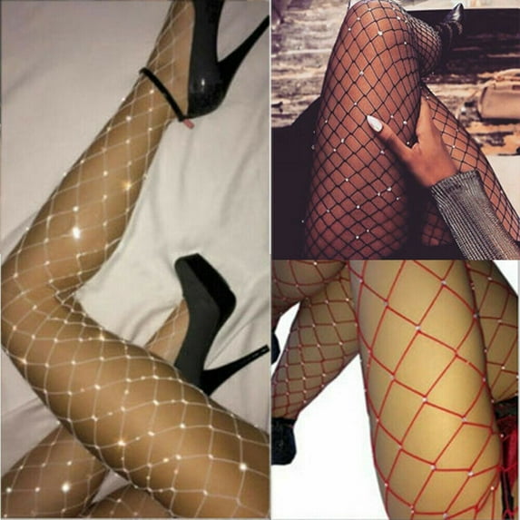Women High Waist Tight Sparkle Rhinestone Fishnet Stockings Pantyhose