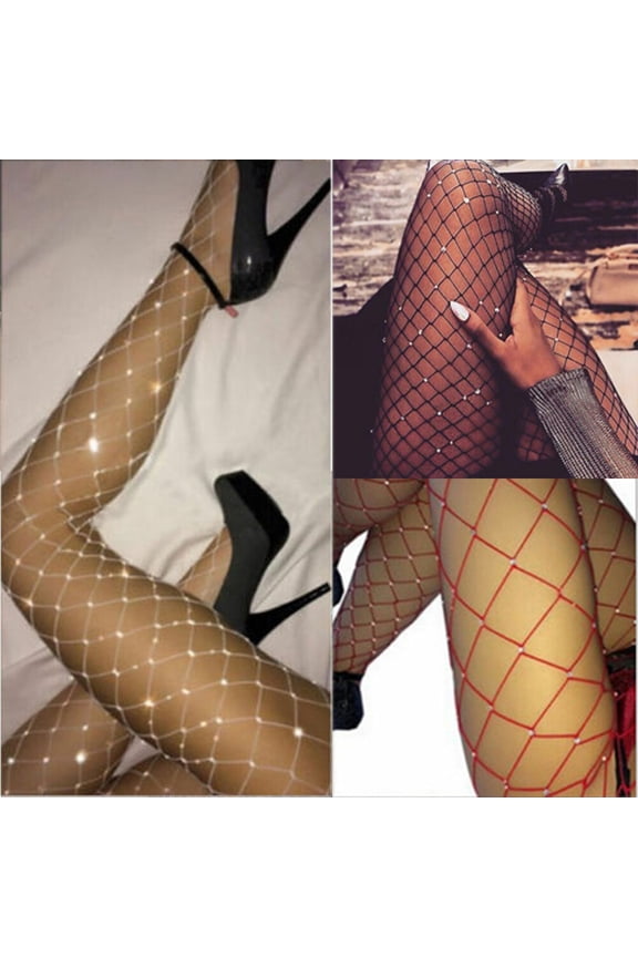 Women High Waist Tight Sparkle Rhinestone Fishnet Stockings Pantyhose
