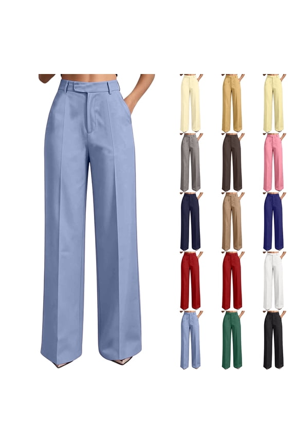 Women High Waist Trousers Plus Size Straight Leg Solid Color Pant Casual Business Elegant Loose Pants With Pockets (XXL, Light Blue)