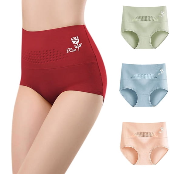 Women High Waist Tummy Control Briefs, Stretch Breathable Rose Printing Design Panties Underwear - 4Pcs