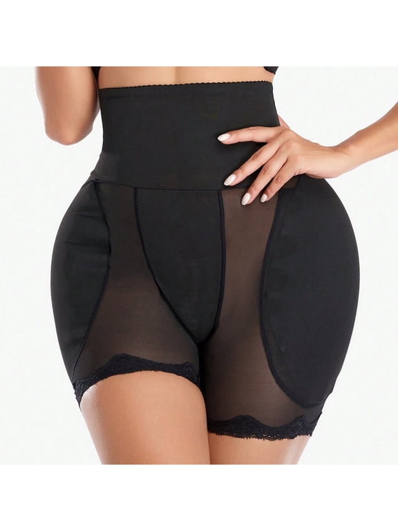 Women High Waist Tummy Control Shape Panties, Lace Trim Mesh Butt Lifter Underwear with Foam Hip Pads, Breathable for Daily Office Wedding Party