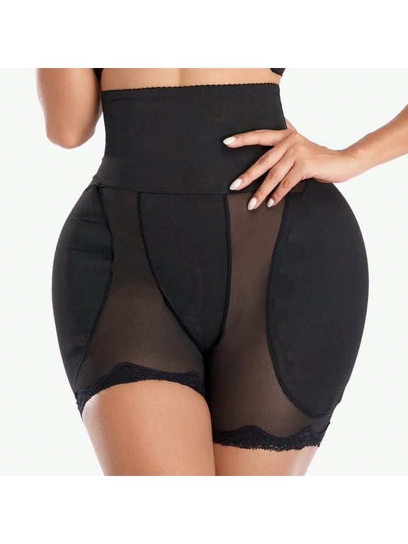 Women High Waist Tummy Control Shape Panties, Lace Trim Mesh Butt Lifter Underwear with Foam Hip Pads, Breathable for Daily Office Wedding Party