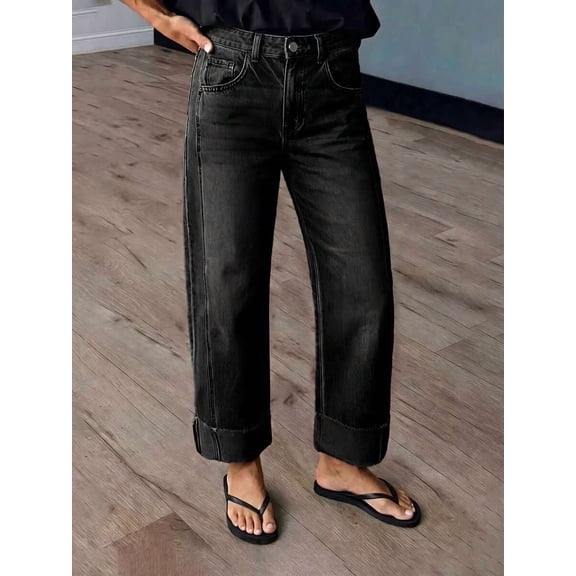 Women High Waist Washed Black Wide Leg Jeans, Side Seam Stitch Detail Cuffed Hem Denim Pants, Casual Fall Straight Denim Trousers