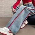 thumbnail image 1 of Women High Waist Wide Leg Jeans Contrast Stripe Embroidery Straight Trousers for Spring Fall Daily, 1 of 6