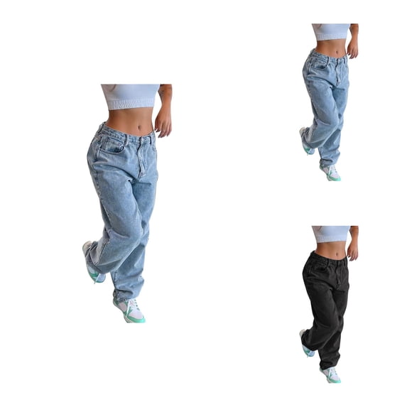 Women High Waist Wide Leg Jeans Solid Color Straight Leg Denim Trousers with Side Pockets, Loose Fit Y2K Streetwear Style