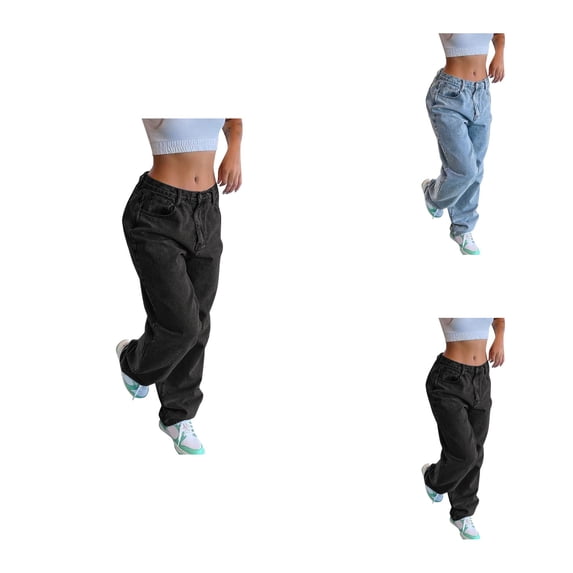 Women High Waist Wide Leg Jeans Solid Color Straight Leg Denim Trousers with Side Pockets, Loose Fit Y2K Streetwear Style