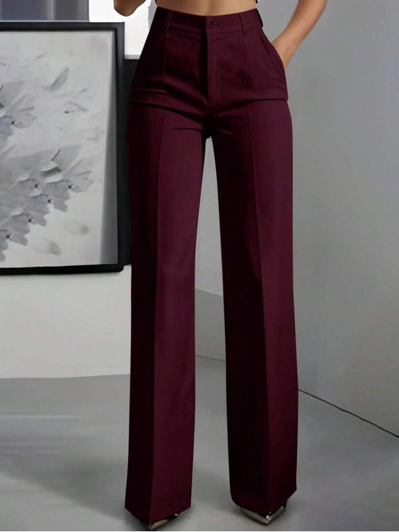 Women High Waist Wide Leg Tailored Trousers, Burgundy Slim Fit Office Dress Pants, Elegant Work Business Pants