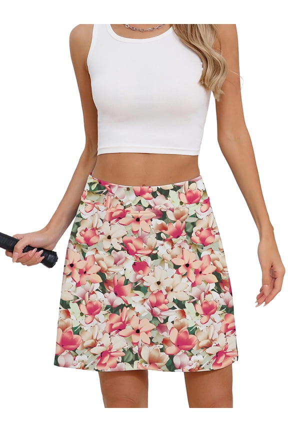 Women's 2-in-1 High Waisted Tennis Skort with Pockets, Athletic Golf Skirt with Built-in Shorts, Creamy Vintage Blossom, Size L