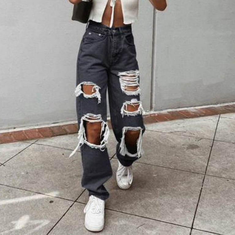 Women High Waisted Baggy Ripped Jeans Boyfriend Fashion Large