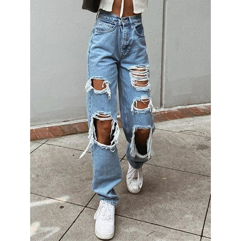 Women High Waisted Baggy Ripped Jeans Boyfriend Fashion Large Denim Baggy  Blue Jeans for Girls