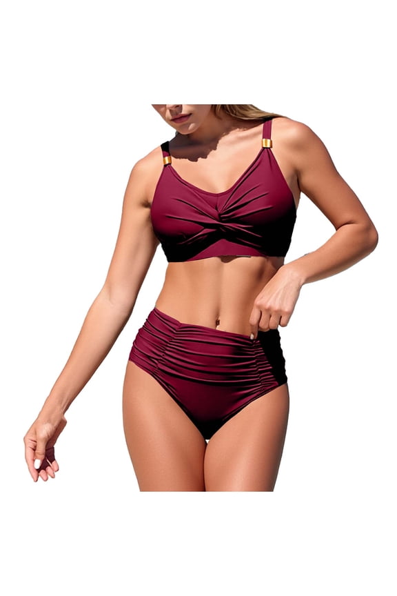 Women High Waisted Bathing Suit - Ruched Front Bikini Sets Standard Straps Padded Bras Two Piece Swimsuits Beach Vacation