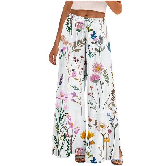 Women High Waisted Beach Pants Pleated Flowy Floral Print Wide Leg Trousers Pull On Baggy Casual Pant with Pockets