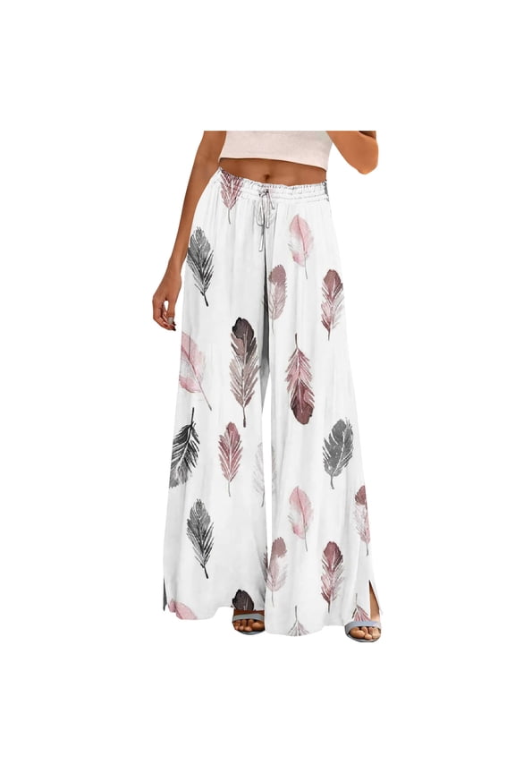 Women High Waisted Beach Pants Pleated Flowy Floral Print Wide Leg Trousers Pull On Baggy Casual Pant with Pockets