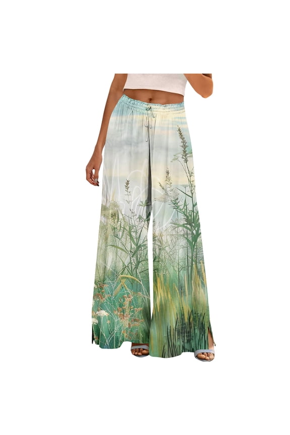 Women High Waisted Beach Pants Pleated Flowy Floral Print Wide Leg Trousers Pull On Baggy Casual Pant with Pockets