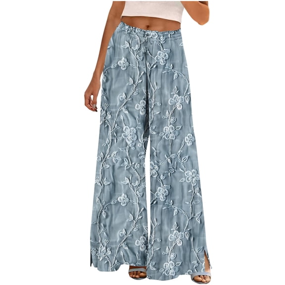Women High Waisted Beach Pants Pleated Flowy Floral Print Wide Leg Trousers Pull On Baggy Casual Pant with Pockets