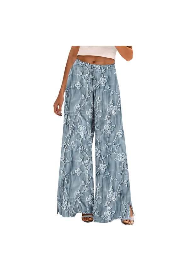 Women High Waisted Beach Pants Pleated Flowy Floral Print Wide Leg Trousers Pull On Baggy Casual Pant with Pockets