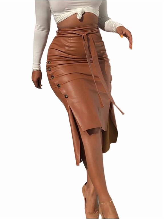 Women High Waisted Belted Leather Pencil Skirt Side Button Split Faux Leather Work Midi Skirt Wrap Camel Color XL