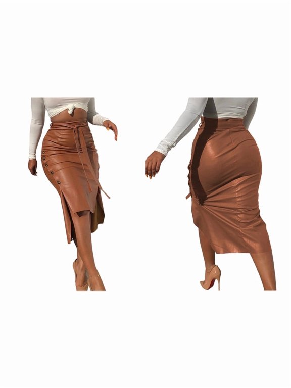 Women High Waisted Belted Leather Pencil Skirt Side Button Split Faux Leather Work Midi Skirt Wrap Camel Color XL