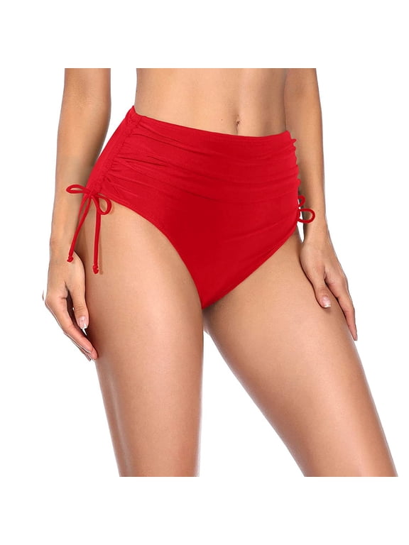 Women High Waisted Bikini Bottom Retro Ruched Swim Bottom Shirred Tankinis Brief Red 2XL