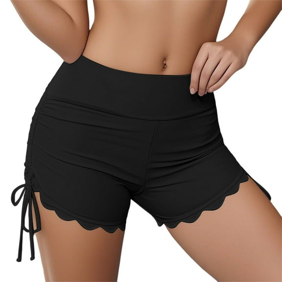 Women High Waisted Bikini Bottom Retro Ruched Swim Short - Nylon/Spandex - Multiple Sizes