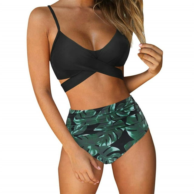 Women High Waisted Bikini Halter V Neck Two Piece Push Up Retro Swimsuits, Womens Criss Cross High Waisted String Floral Printed 2 Piece Bathing Suits