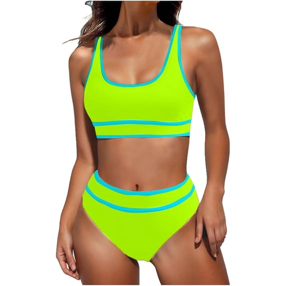 Women High Waisted Bikini Set Color Block Swimsuit 2 Piece High Cut Bathing Suit Tummy Control Teen Girl Sports Swimwear