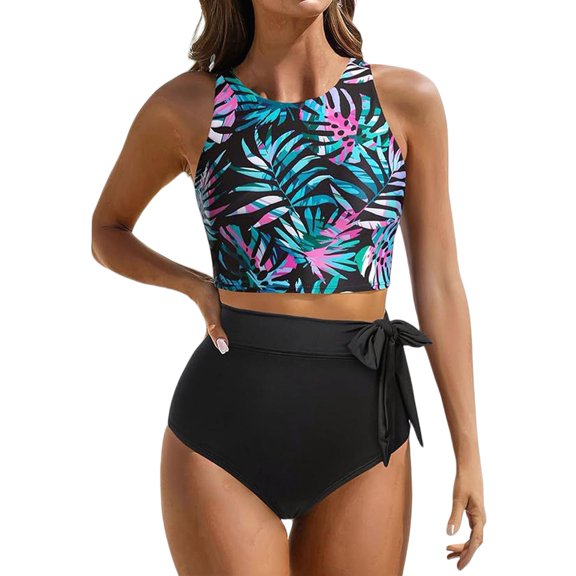 Women High Waisted Bikini Set Racerback Swimsuit Two Piece Bathing Suit High Neck Swimwear Blue Flower XXL