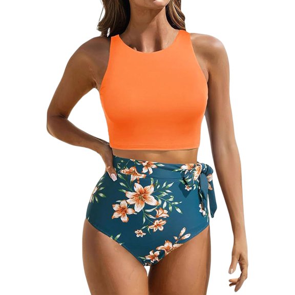 Women High Waisted Bikini Set Racerback Swimsuit Two Piece Bathing Suit High Neck Swimwear Orange XL