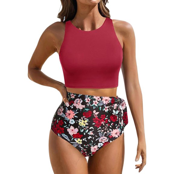 Women High Waisted Bikini Set Racerback Swimsuit Two Piece Bathing Suit High Neck Swimwear Wine Red L