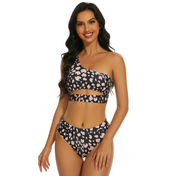 Women High Waisted Bikini Set Ribbed One Shoulder Two Piece Cutout Sleeveless Swimsuits Suit