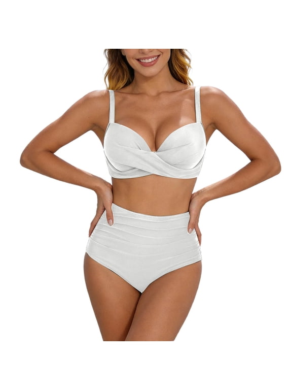 Women High Waisted Bikini Sets Athletic Two Piece Solid Color Belly Button Swimsuit Push Up Bathing Suit with Swim Skirts Swimwear