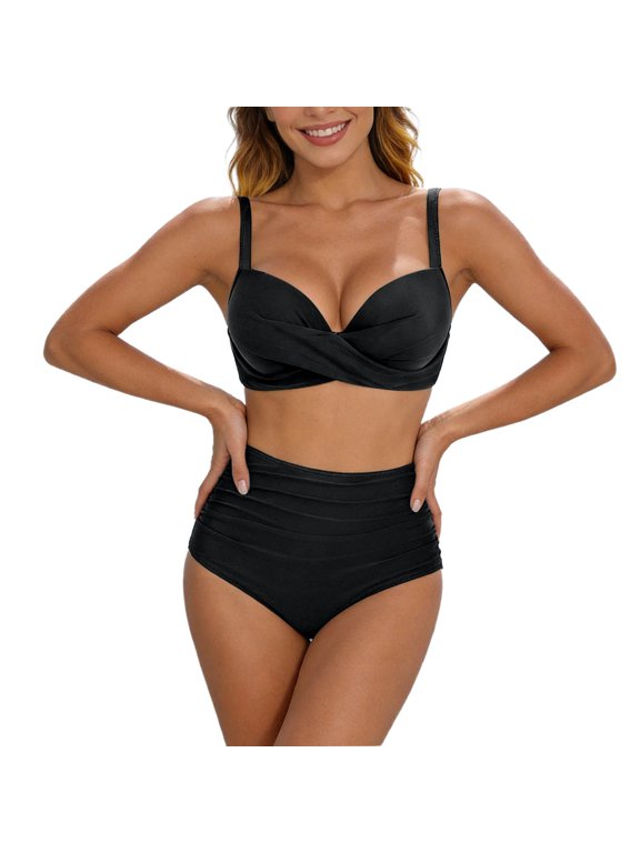 Women High Waisted Bikini Sets Athletic Two Piece Solid Color Belly Button Swimsuit Push Up Bathing Suit with Swim Skirts Swimwear