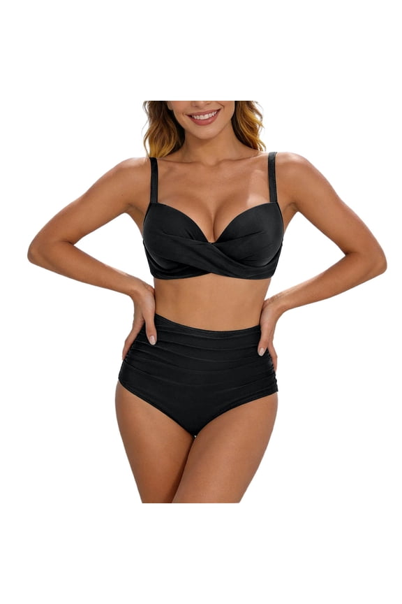Women High Waisted Bikini Sets Athletic Two Piece Solid Color Belly Button Swimsuit Push Up Bathing Suit with Swim Skirts Swimwear