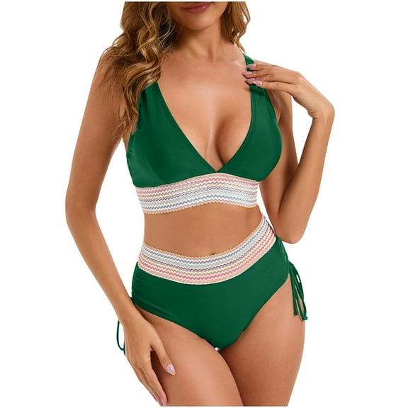 Women High Waisted Bikini Sets Push Up Swimsuits Tummy Control Bathing Suit Color Block 2 Piece Drawstring Swim Suits Green L