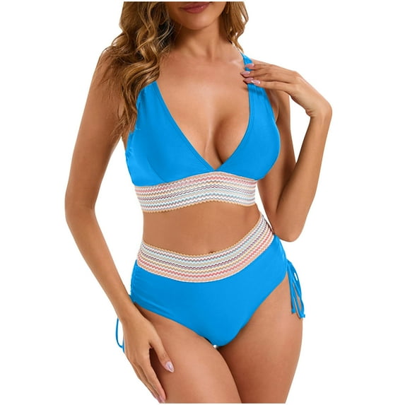 Women High Waisted Bikini Sets Push Up Swimsuits Tummy Control Bathing Suit Color Block 2 Piece Drawstring Swim Suits Sky Blue S Clearance