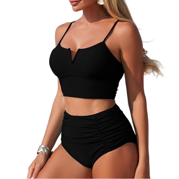 Women High Waisted Bikini Sets Ruched Tummy Control Swimsuits V-Wire Two Piece Bathing Suit 2026 Black M