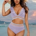 thumbnail image 1 of Women High Waisted Bikini Sets Ruffle V-Neck Swimsuits Color Block Two Piece Drawstring Bathing Suit, 1 of 7
