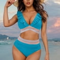 thumbnail image 1 of Women High Waisted Bikini Sets Ruffle V-Neck Swimsuits Color Block Two Piece Drawstring Bathing Suit, 1 of 7