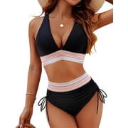 Women Bikini Sets Push Up Swimsuits Tummy Control Bathing Suit Color Block 2 Piece High Waisted Drawstring Swim suits