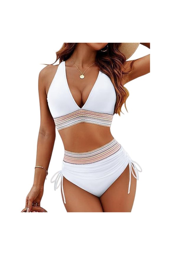 Women High Waisted Bikini Sets Tummy Control Swimsuits Color Block Two Piece Drawstring Bathing Suit White M