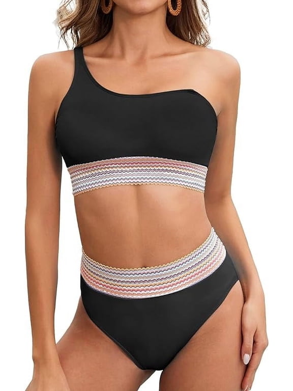Women High Waisted Bikini Sets Two Piece Sporty High Cut Swimsuits Color Block Tummy Control Bathing Suit