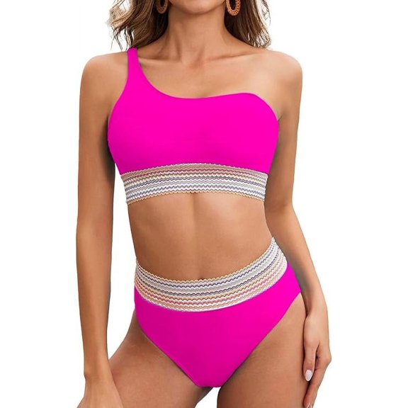 Women High Waisted Bikini Sets Two Piece Sporty High Cut Swimsuits Color Block Tummy Control Bathing Suit