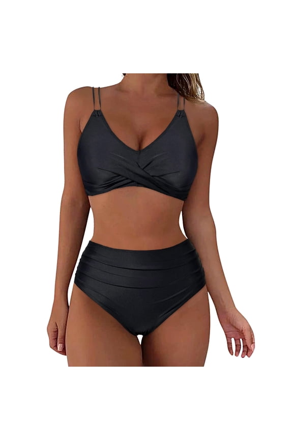 Women High Waisted Bikini Sets Two Piece Swimsuit Push Up Wrap Front Ruched Bathing Suit Tummy Control Swimwear Black 2XL